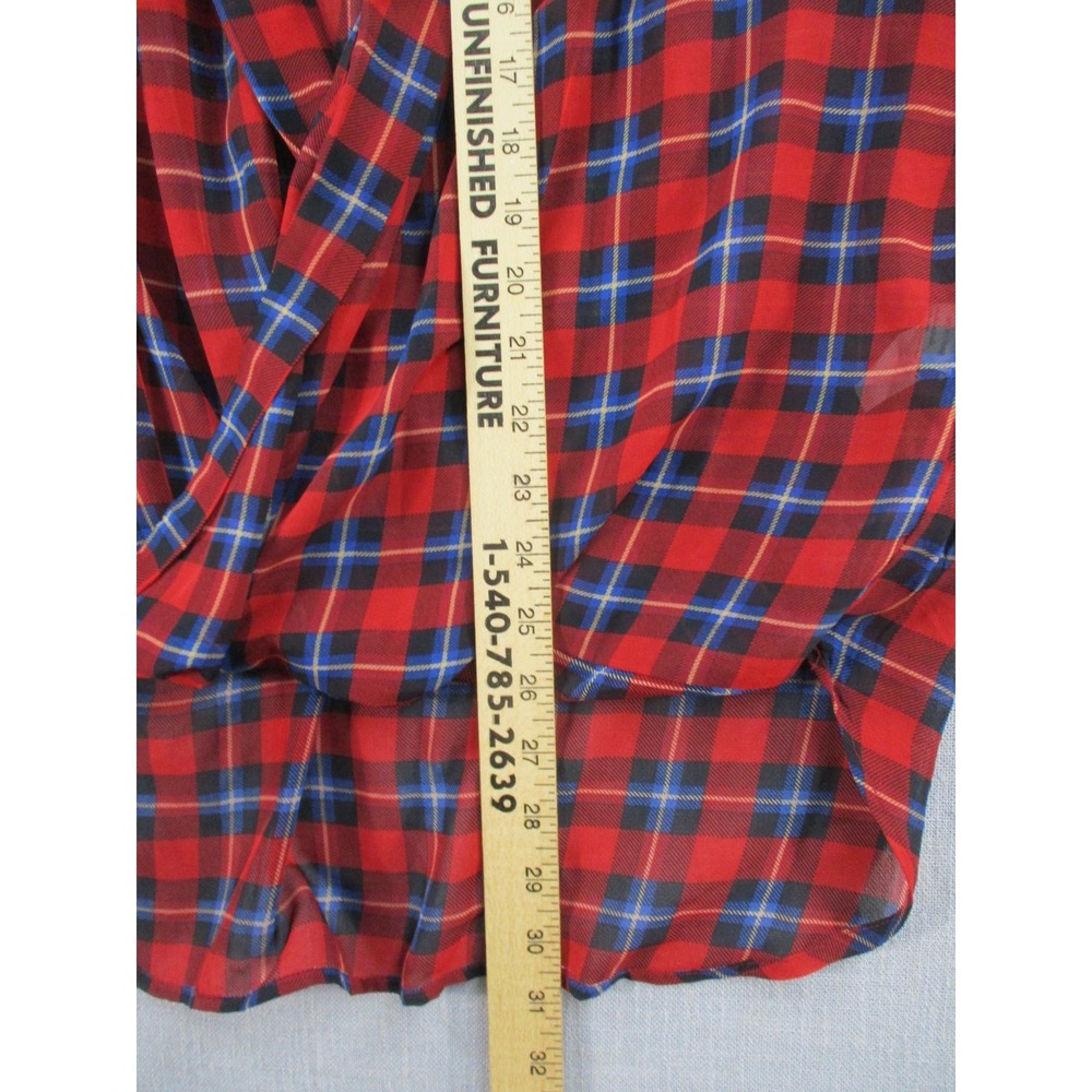 Chic Happens Red Blue Plaid Surplice Draped High Low Blouse Womens Medium - Picture 7 of 10